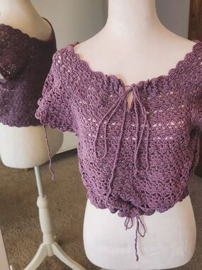 Handmade Crochet Tie-Front Crop Top in Mauve Purple